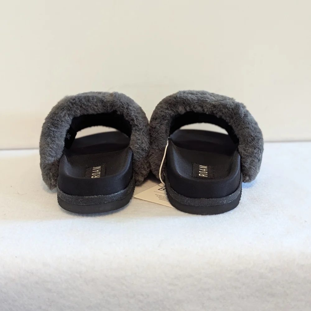 ROAM Furry Striped Slides Sandals Fuzzy Comfy NEW Twilight Prism Greys 6 EU36